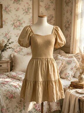 Endless Rose Brown Puff-Sleeve Midi Dress XS